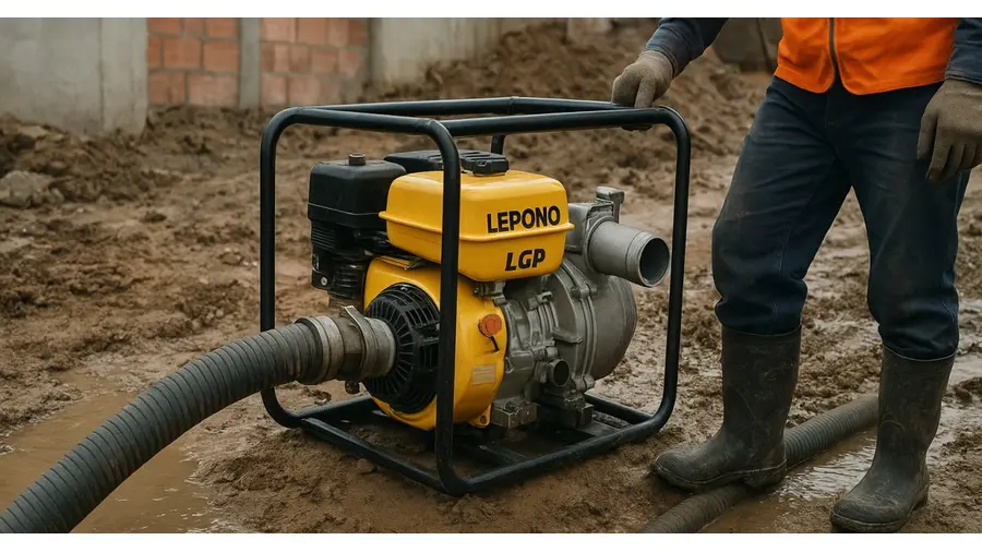 Motobomba Lepono LGP para drenagem de água em obra na Trindade, Porto Alegre/RS