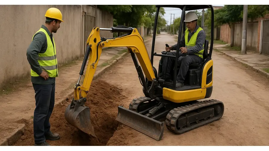 Mini escavadeira em serviço de mini escavação em bairro urbano de Porto Alegre