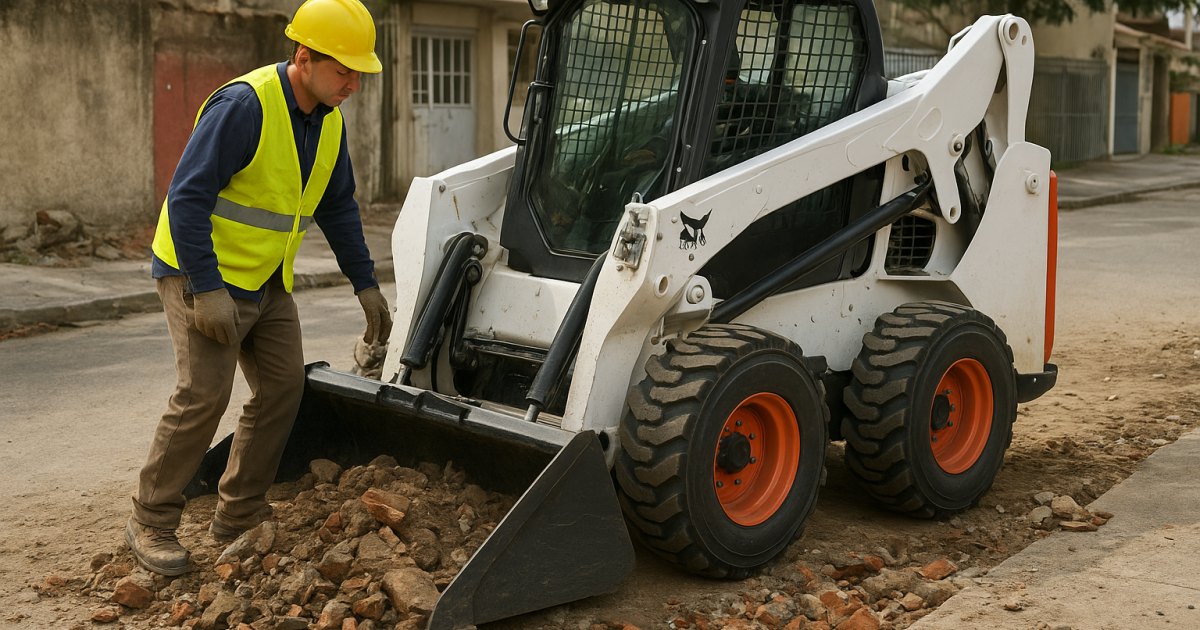Mini Carregadeira Compacta (Bobcat) em Auxiliadora, Porto Alegre/RS, apoiando movimentação de materiais em obra urbana