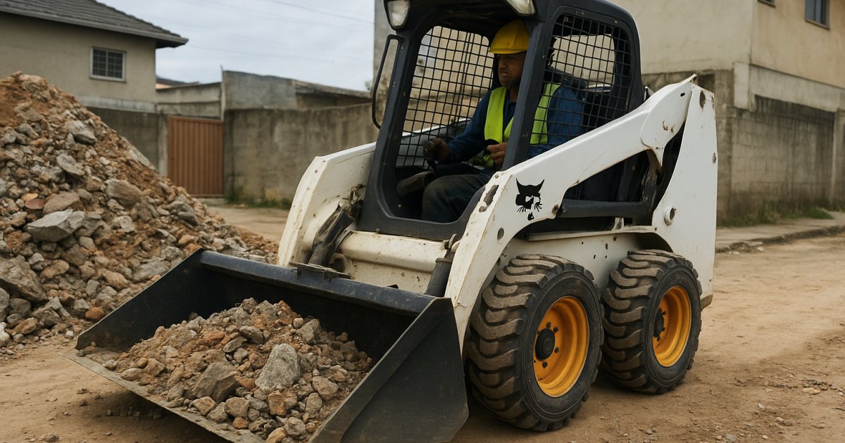 Mini Carregadeira Compacta (Bobcat) em obra urbana na Azenha, Porto Alegre/RS