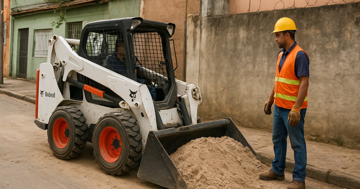 Mini Carregadeira Compacta (Bobcat) em obra urbana na Azenha, Porto Alegre/RS