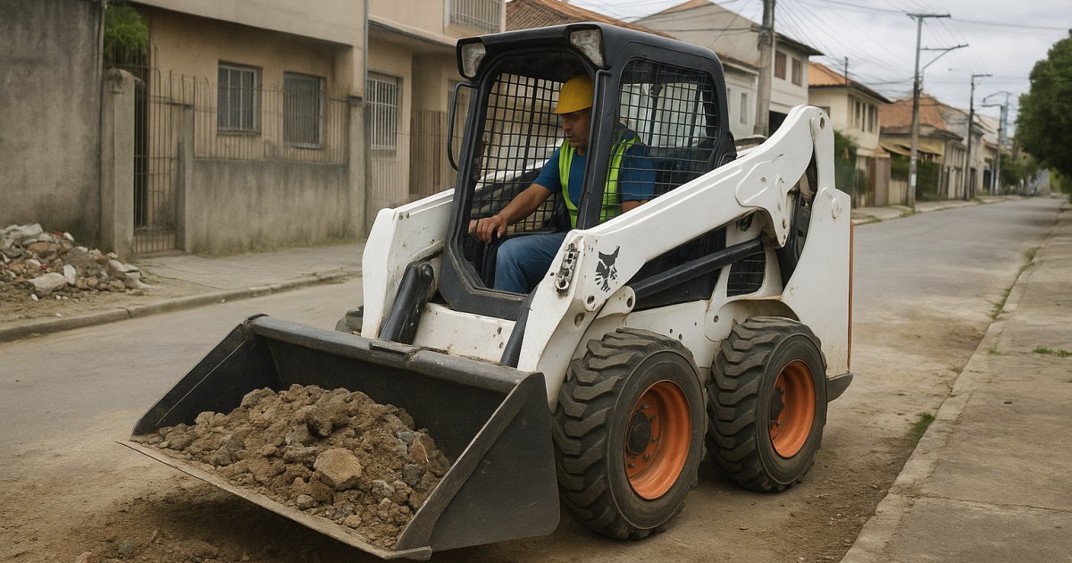 Mini Carregadeira Compacta (Bobcat) em obra urbana na Bela Vista, Porto Alegre/RS