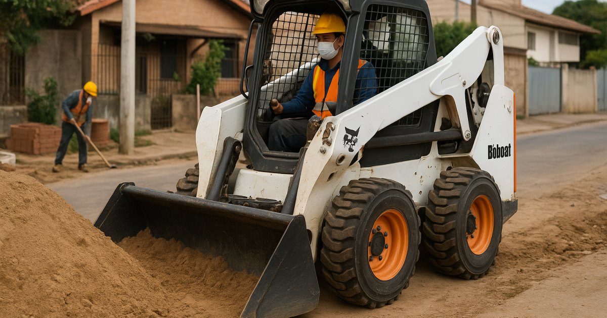 Mini Carregadeira Compacta (Bobcat) em obra na Chácara das Pedras, Porto Alegre/RS