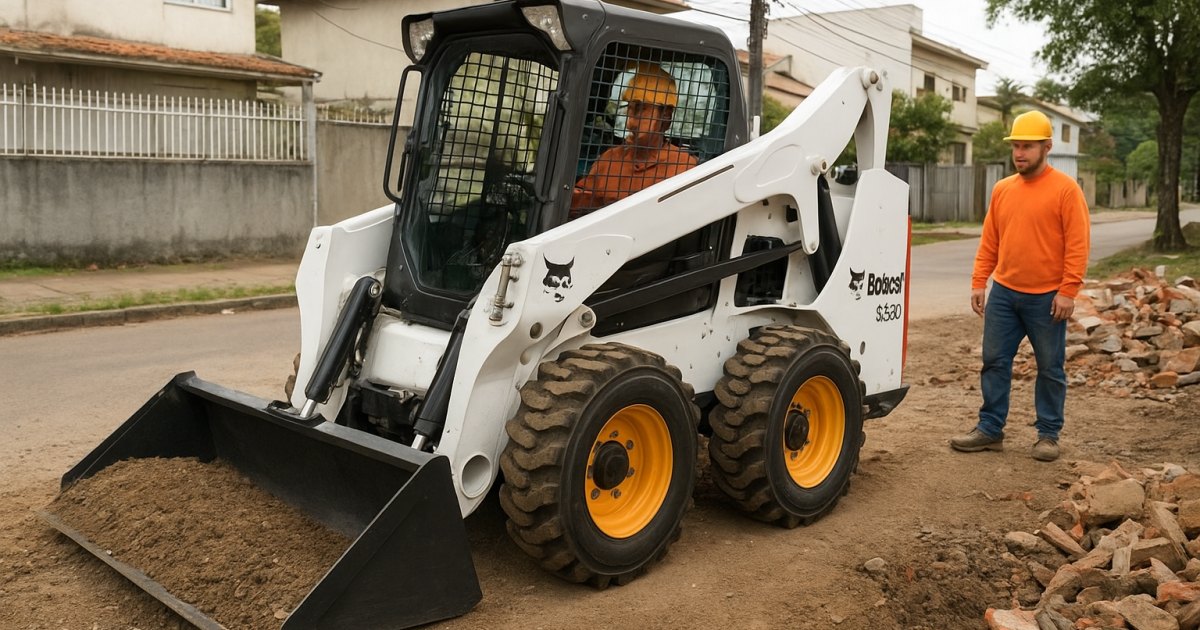 Mini Carregadeira Compacta (Bobcat) em obra no bairro Cristal, Porto Alegre/RS