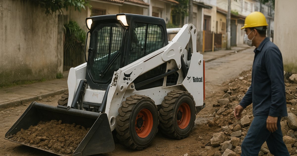 Industrial machinery operating outdoors, showcasing a bulldozer and a loader amidst piles of soil.