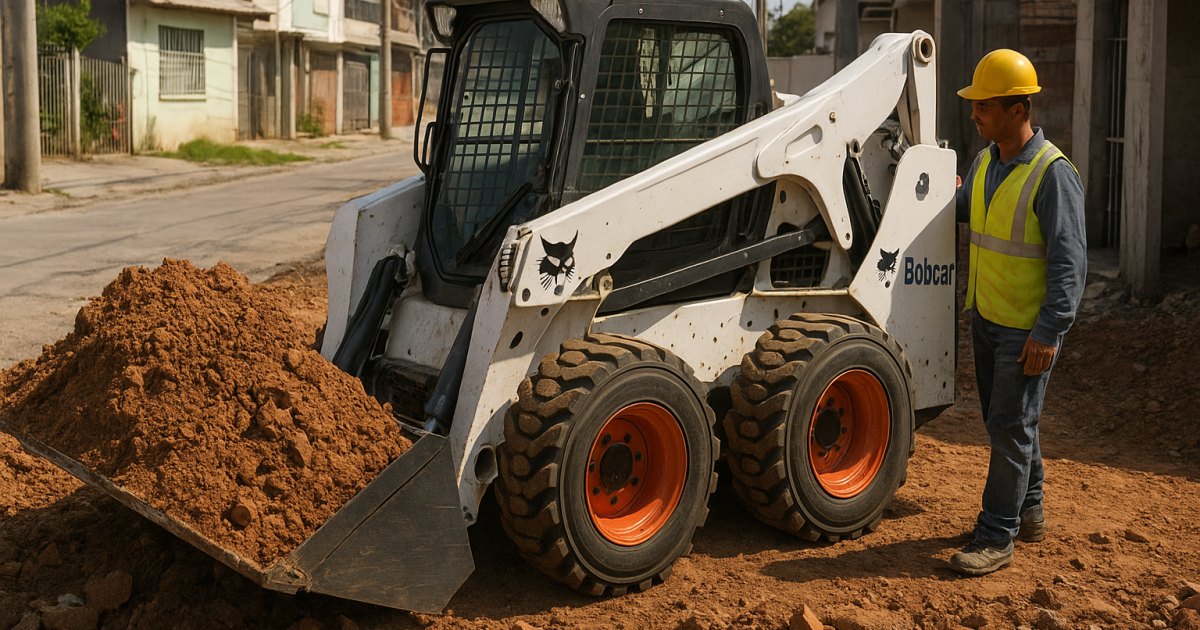 Mini Carregadeira Compacta (Bobcat) em obra urbana no bairro Navegantes, Porto Alegre/RS
