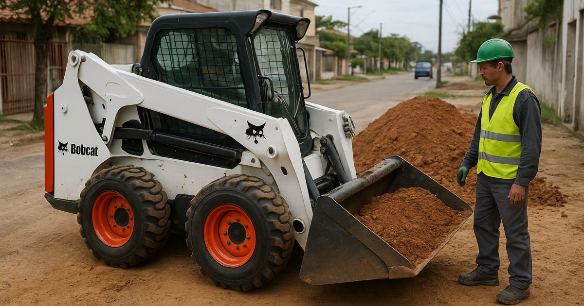 Mini Carregadeira Compacta (Bobcat) em obra no bairro Navegantes, Porto Alegre/RS