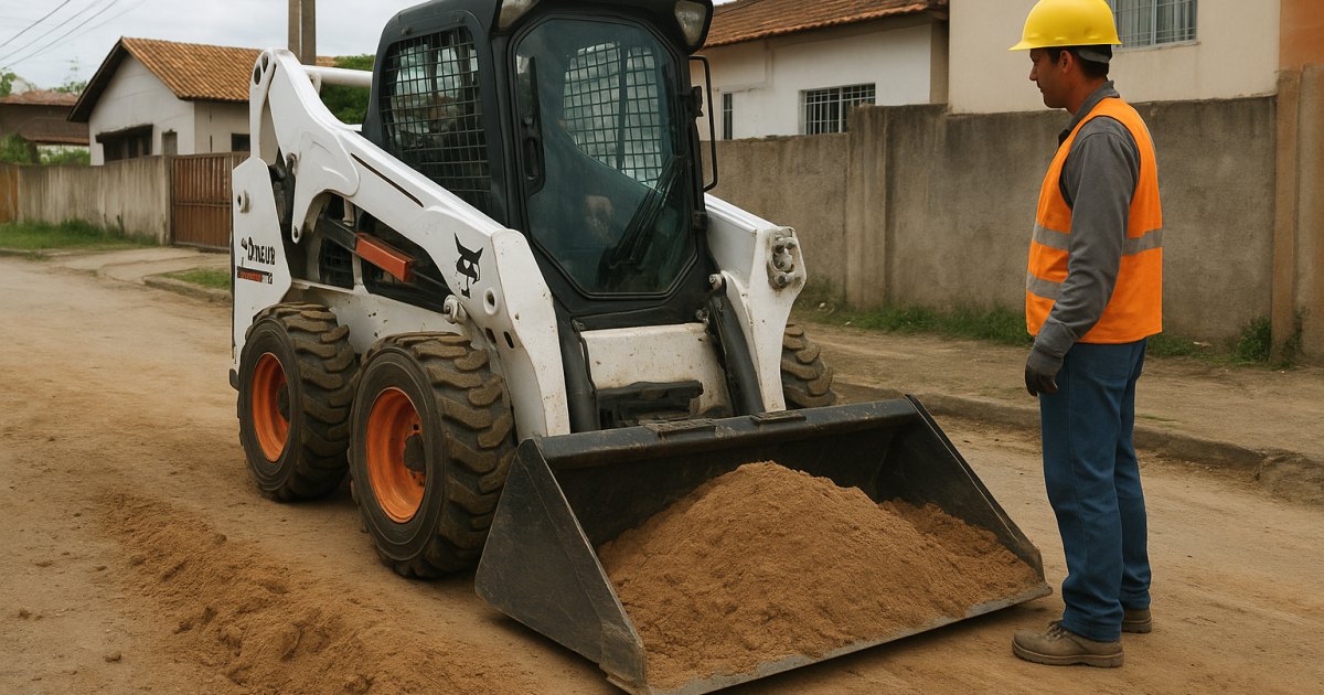 Mini Carregadeira Compacta (Bobcat) em operação na Restinga, Porto Alegre/RS, para movimentação de materiais em obra