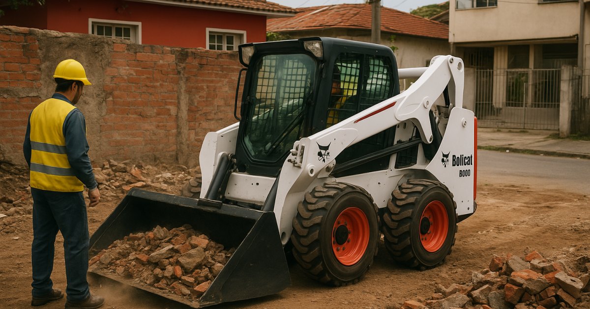 Mini Carregadeira Compacta (Bobcat) em obra urbana no bairro Teresópolis, Porto Alegre/RS