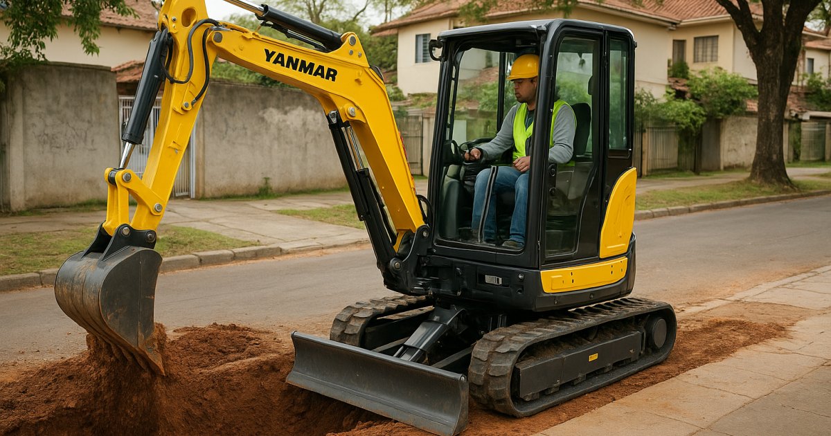 Mini-Escavadeira em obra urbana no bairro Moinhos de Vento, Porto Alegre/RS