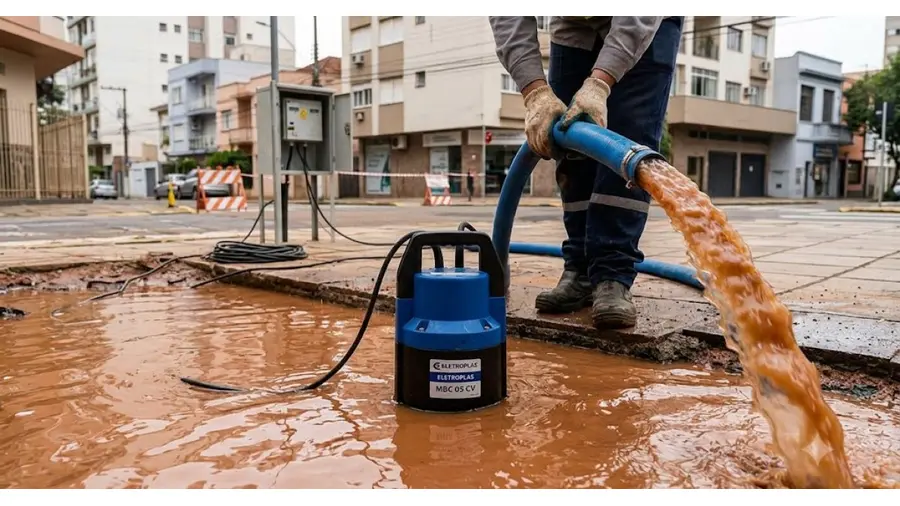 Motobomba para drenagem de água suja no bairro Menino Deus, Porto Alegre/RS