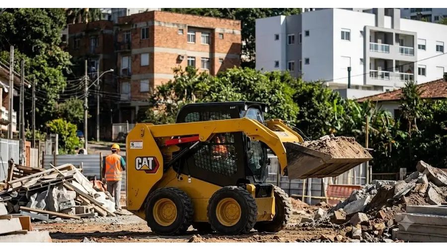 Mini Carregadeira Compacta (Bobcat) em operação para movimentação de materiais na Floresta, Porto Alegre/RS