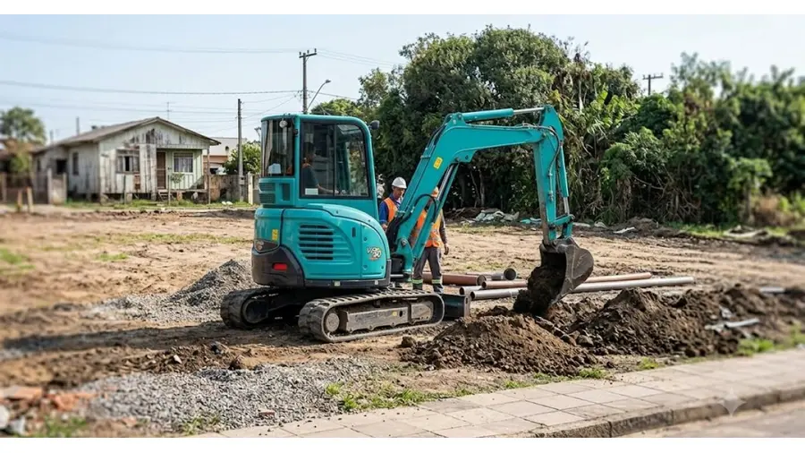 Mini Carregadeira Compacta (Bobcat) em obra no Sarandi, Porto Alegre/RS