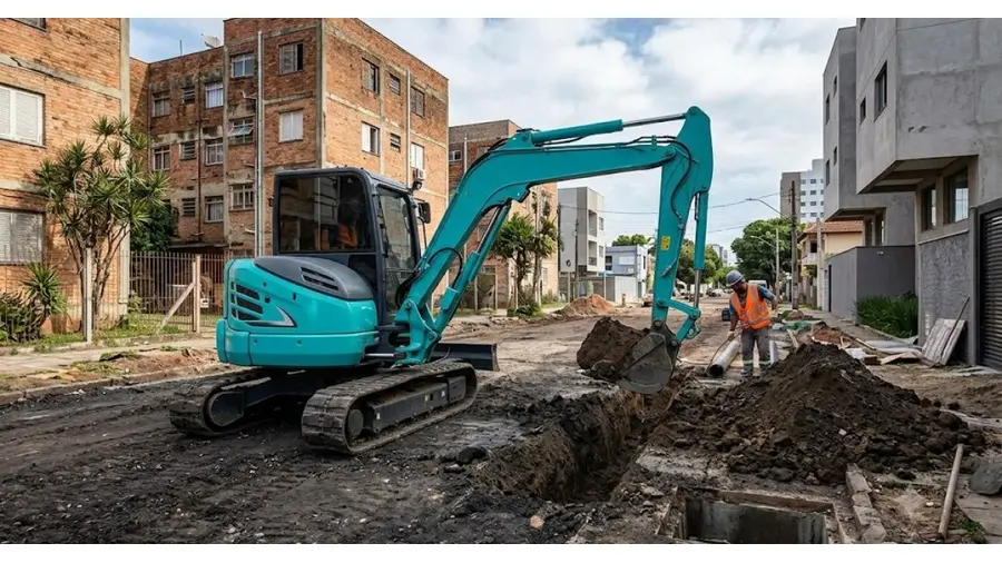 Mini-Escavadeira em obra urbana no bairro Bom Fim, Porto Alegre/RS