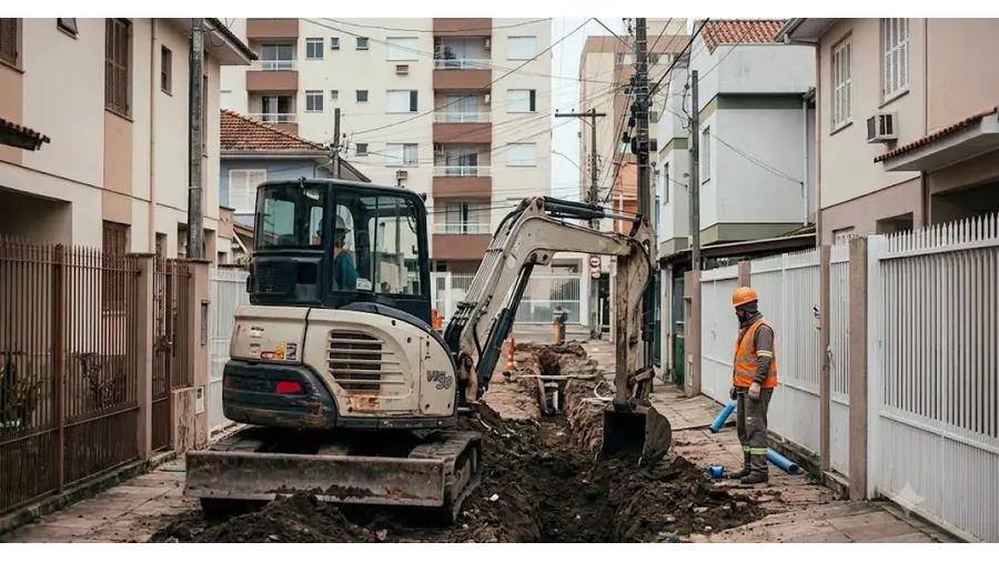 Mini-Escavadeira em obra no bairro Cristo Redentor, Porto Alegre/RS