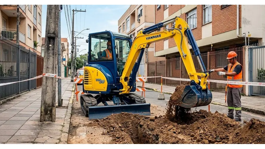 Mini-Escavadeira em obra urbana na Floresta, Porto Alegre/RS