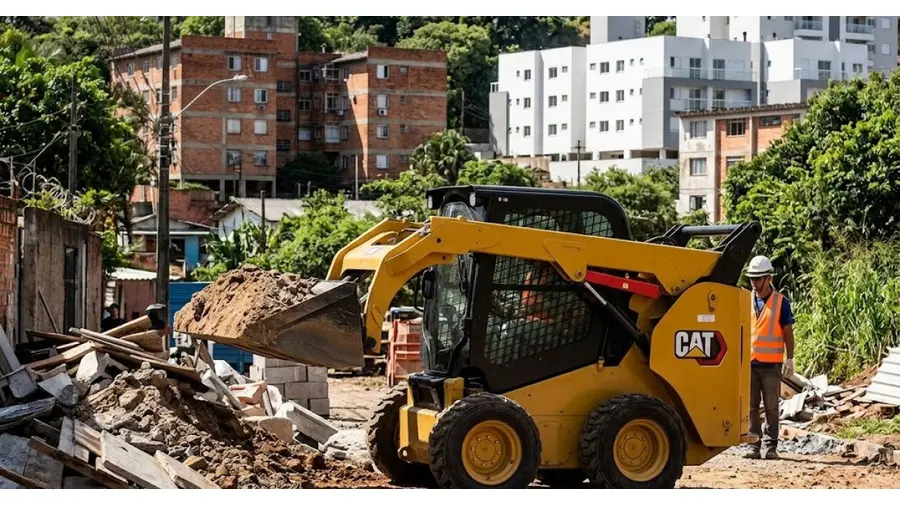 Mini-Escavadeira em obra urbana no Menino Deus, Porto Alegre/RS