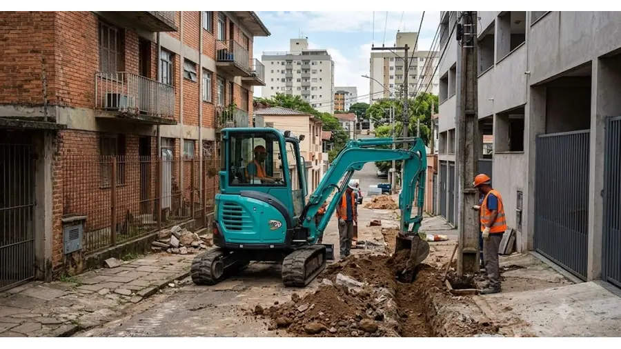 Mini-Escavadeira em obra urbana no bairro Petrópolis, Porto Alegre/RS