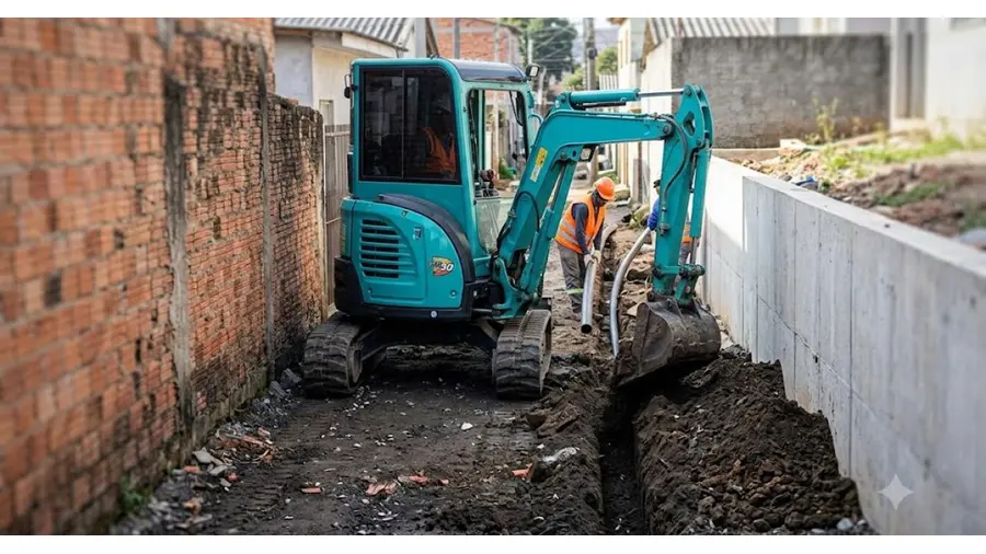 Mini-Escavadeira em obra urbana no bairro Teresópolis, Porto Alegre/RS
