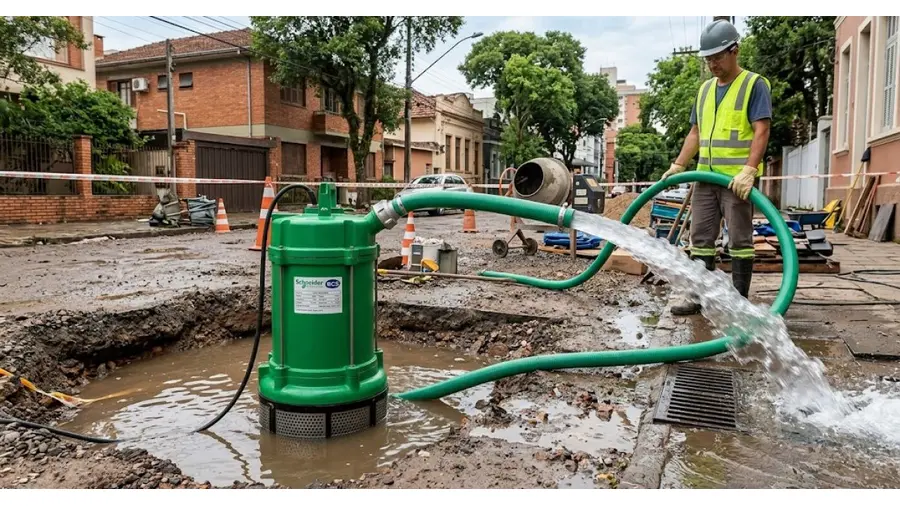 Motobomba Schneider BCS para drenagem de água pluvial na Cidade Baixa, Porto Alegre/RS