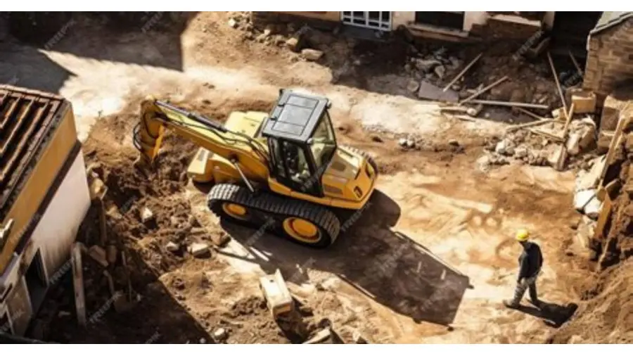 skid steer loader working construction site wide view real photo