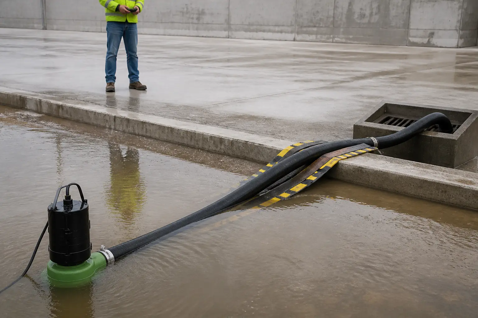 Imagem técnica exclusiva: Drenagem temporária de água pluvial em São João, Porto Alegre/RS: método executivo com Motobomba Schneider BCS para controle de acúmulo e apoio à obra