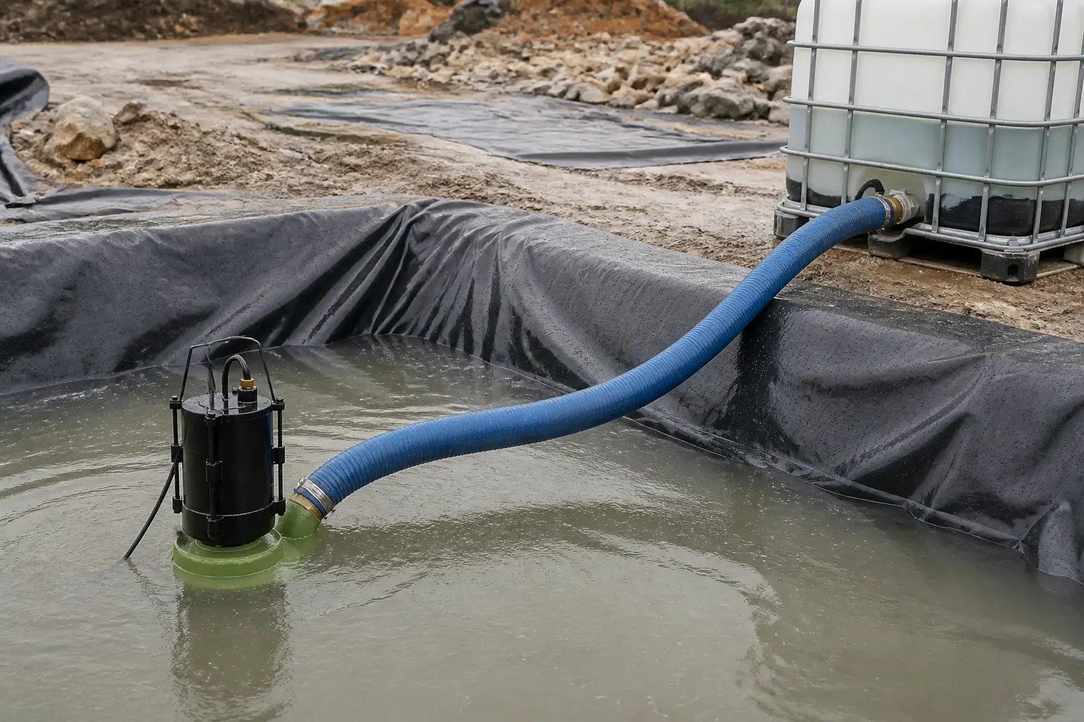 Imagem técnica exclusiva: Drenagem temporária de água pluvial no bairro Floresta, Porto Alegre/RS: método executivo com Motobomba Schneider BCS para controle de acúmulo e apoio à obra
