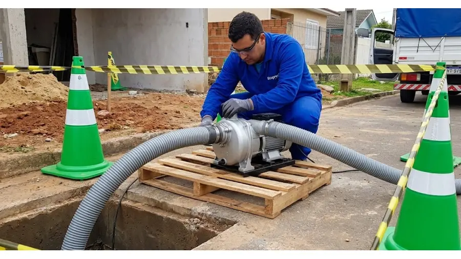 Motobomba Eletroplas MBC em serviço de drenagem temporária de água suja no Centro Histórico de Porto Alegre
