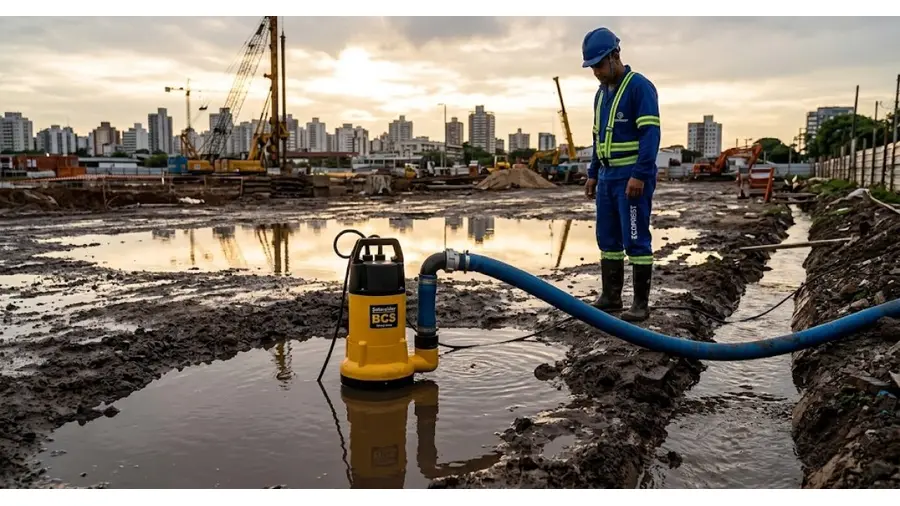 Motobomba Schneider BCS em serviço de drenagem temporária de água pluvial em Navegantes, Porto Alegre/RS