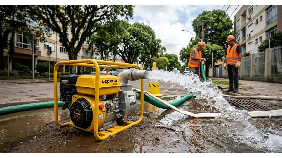 Motobomba a gasolina em operação de drenagem temporária de água pluvial em Porto Alegre